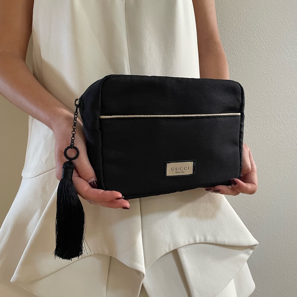 GUCCI Black Bag clutch with silk Tassel dark red interior logo